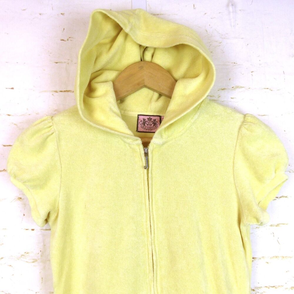 Juicy Couture Y2K Terrycloth Romper Womens S Yellow Hooded Lounge Made USA - Picture 7 of 13